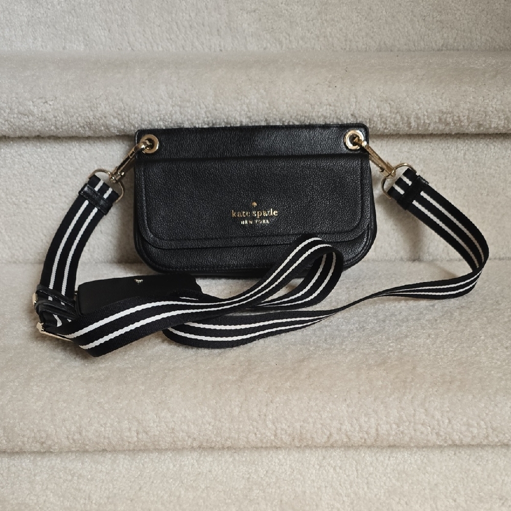 Kate Spade Black Mini Crossbody with Striped Strap And Coin Pouch